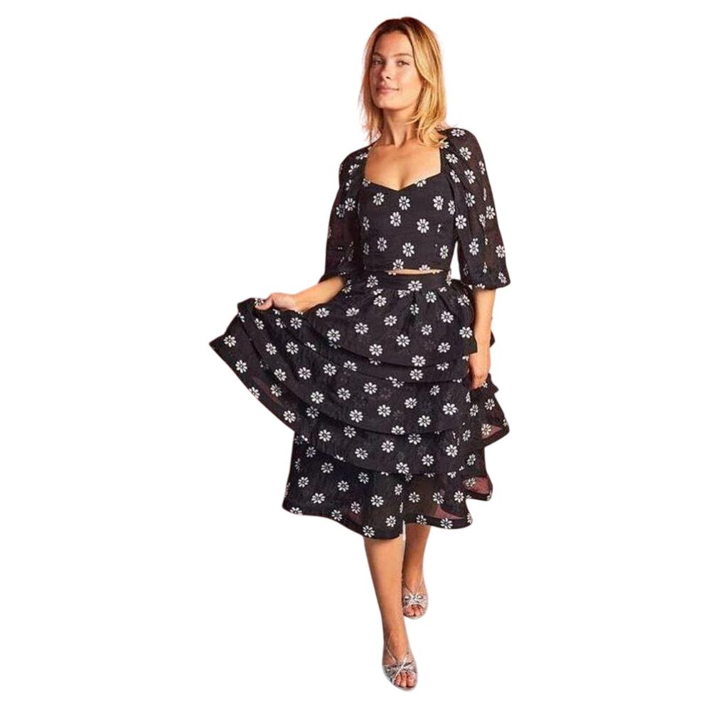 Buru $348 Teagan Tiered Floral Black White Midi Tencel Avant Garde Skirt Size XS